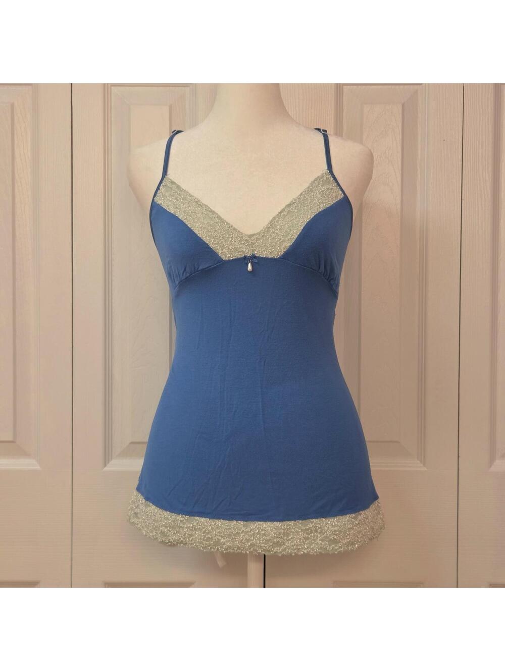 Blue Lace Trim Cami Size S Y2K Coquette Sheer Back Pendant Bow Lingerie Tank Top